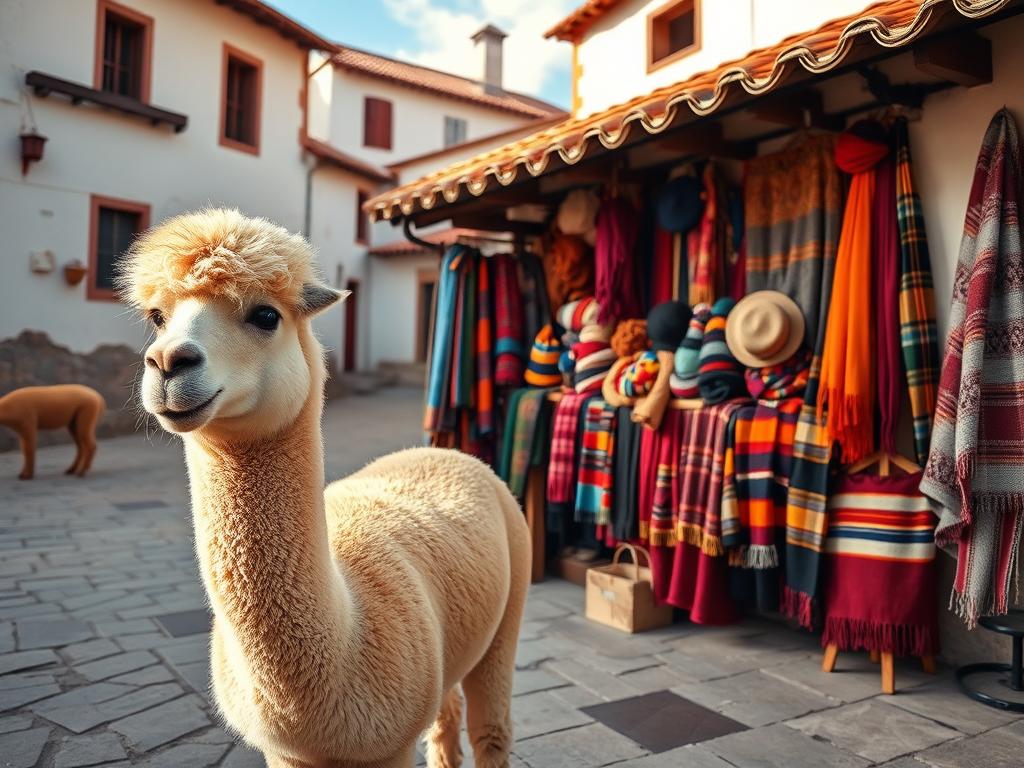 A cozy Peruvian street scene showcasing the shipment of authentic alpaca products. In the foreground, a humble alpaca stands contentedly, its soft, woolly coat glistening in the warm afternoon light. In the middle ground, a local vendor displays a vibrant array of alpaca scarves, hats, and blankets, their rich colors and intricate patterns reflecting the region's traditional craftsmanship. The background features the charming architecture of a Peruvian town, with terracotta roofs and whitewashed walls. A sense of tranquility and cultural heritage pervades the scene, evoking the experience of purchasing unique, high-quality alpaca goods directly from the source. Captured with a wide-angle lens and natural lighting to convey an immersive, authentic atmosphere.