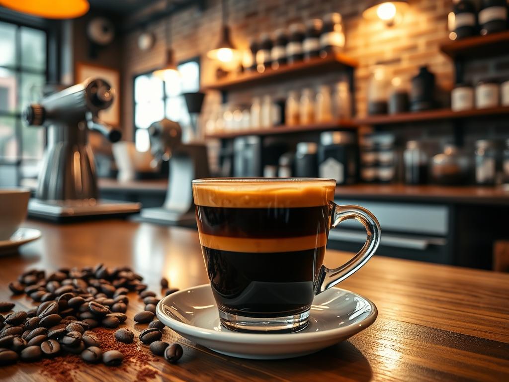 A cozy café interior with a focus on a beautifully crafted cup of "café especial." The foreground features the cup filled with rich, dark brown espresso, topped with a thick layer of luxurious crema. Surrounding the cup are artfully arranged coffee beans, a sprinkling of cocoa powder, and a small ceramic saucer. The middle ground showcases a polished wooden counter, with a vintage-style espresso machine and various brewing equipment visible. In the background, warm lighting casts a soft glow, illuminating the café's rustic brick walls and shelves lined with jars of specialty coffee blends. The overall atmosphere evokes a sense of craftsmanship, attention to detail, and the distinct flavors and aromas of a premium, artisanal coffee experience. A cozy café interior with a focus on a beautifully crafted cup of "café especial." The foreground features the cup filled with rich, dark brown espresso, topped with a thick layer of luxurious crema. Surrounding the cup are artfully arranged coffee beans, a sprinkling of cocoa powder, and a small ceramic saucer. The middle ground showcases a polished wooden counter, with a vintage-style espresso machine and various brewing equipment visible. In the background, warm lighting casts a soft glow, illuminating the café's rustic brick walls and shelves lined with jars of specialty coffee blends. The overall atmosphere evokes a sense of craftsmanship, attention to detail, and the distinct flavors and aromas of a premium, artisanal coffee experience.