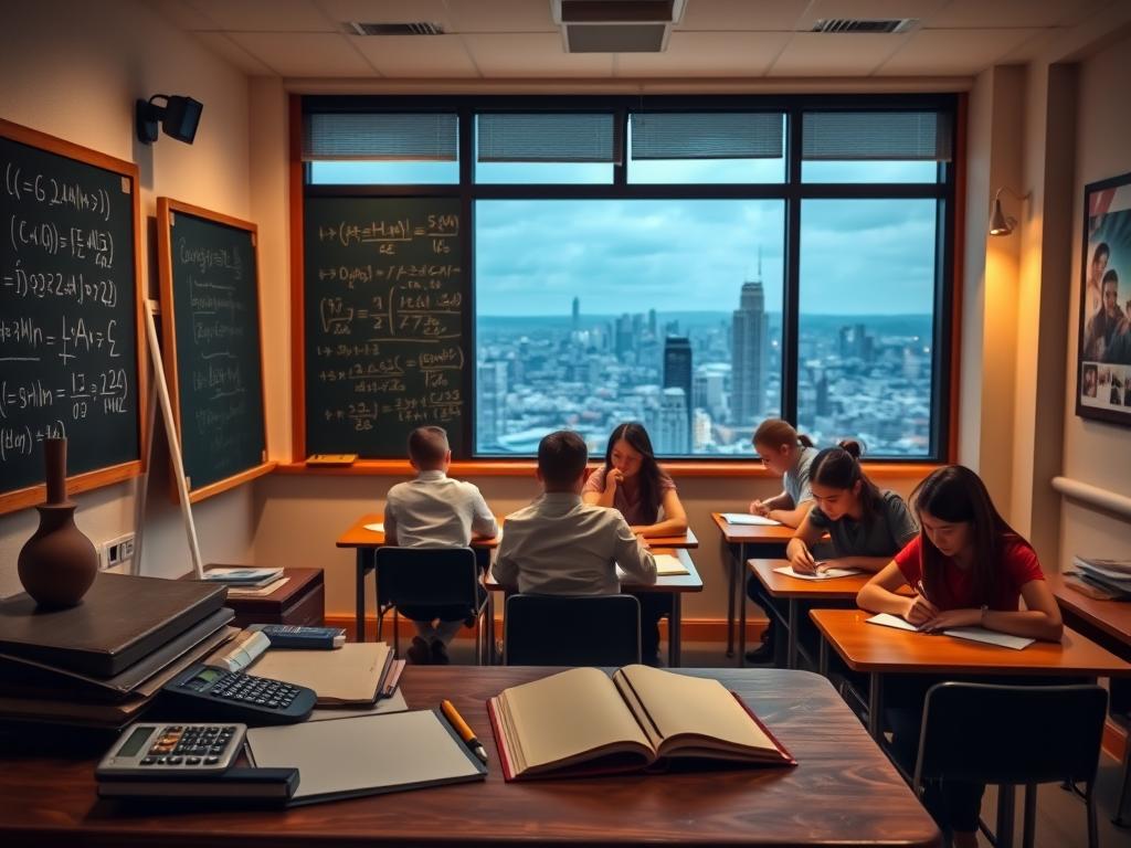 A cozy classroom setting with warm lighting and a chalkboard displaying mathematical formulas and equations. In the foreground, a teacher's desk with neatly organized supplies, including a calculator, ruler, and textbooks. In the middle ground, several students seated at desks, engaged in focused study, notebooks and pencils in hand. The background features a large window overlooking a picturesque cityscape, creating a sense of tranquility and inspiration. The overall atmosphere conveys the importance of personalized attention and the pursuit of academic excellence in the field of mathematics.