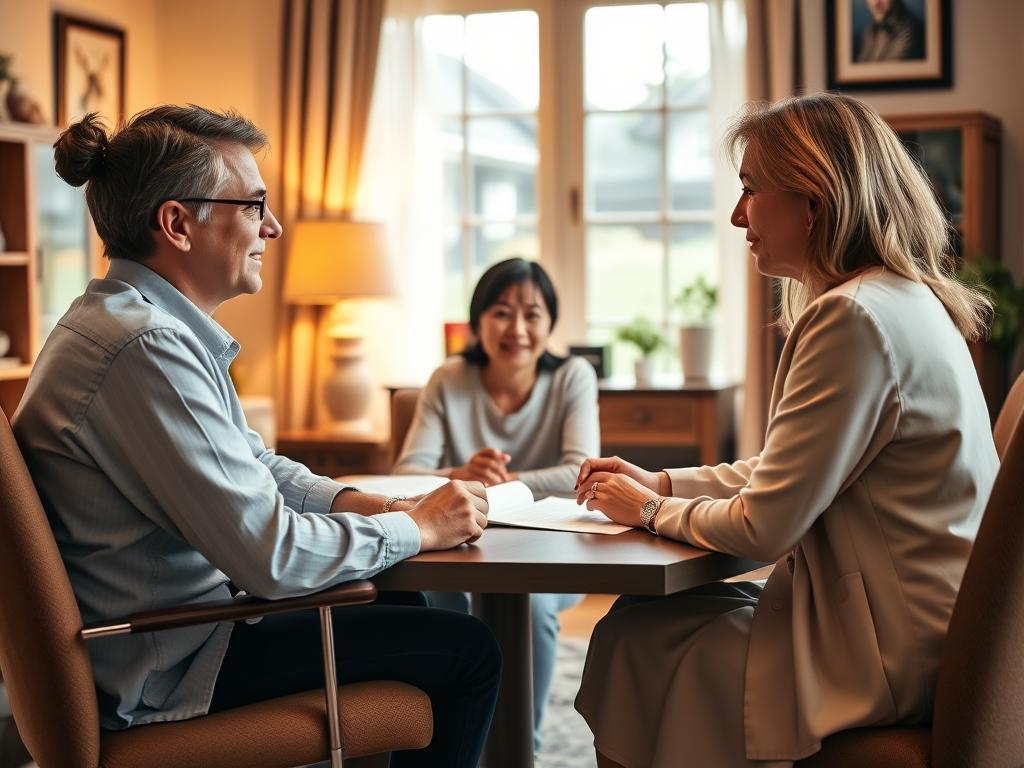 A cozy home office setting, with a pair of parents sitting across a desk from a caring interviewer. The warm lighting creates a welcoming atmosphere, as the parents attentively listen and respond to the interviewer's questions. The background features tasteful decor, hinting at the family's personality. The interviewer's expression conveys professionalism and empathy, guiding the parents through the reference verification and decision-making process. The overall scene radiates a sense of trust, open communication, and a focus on the wellbeing of the children in the parents' care. A cozy home office setting, with a pair of parents sitting across a desk from a caring interviewer. The warm lighting creates a welcoming atmosphere, as the parents attentively listen and respond to the interviewer's questions. The background features tasteful decor, hinting at the family's personality. The interviewer's expression conveys professionalism and empathy, guiding the parents through the reference verification and decision-making process. The overall scene radiates a sense of trust, open communication, and a focus on the wellbeing of the children in the parents' care.