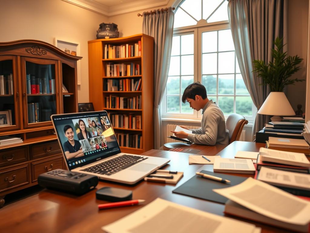 A cozy home study with an elegant wooden desk, a large window overlooking a serene landscape, and a variety of learning materials spread out. In the foreground, a laptop displays an online class session, while a student sits attentively, taking notes. In the middle ground, a bookshelf filled with textbooks and educational resources. The lighting is warm and inviting, creating a focused, productive atmosphere. The scene conveys a sense of personalized, tailored learning, blending the comfort of a home environment with the accessibility of online platforms.