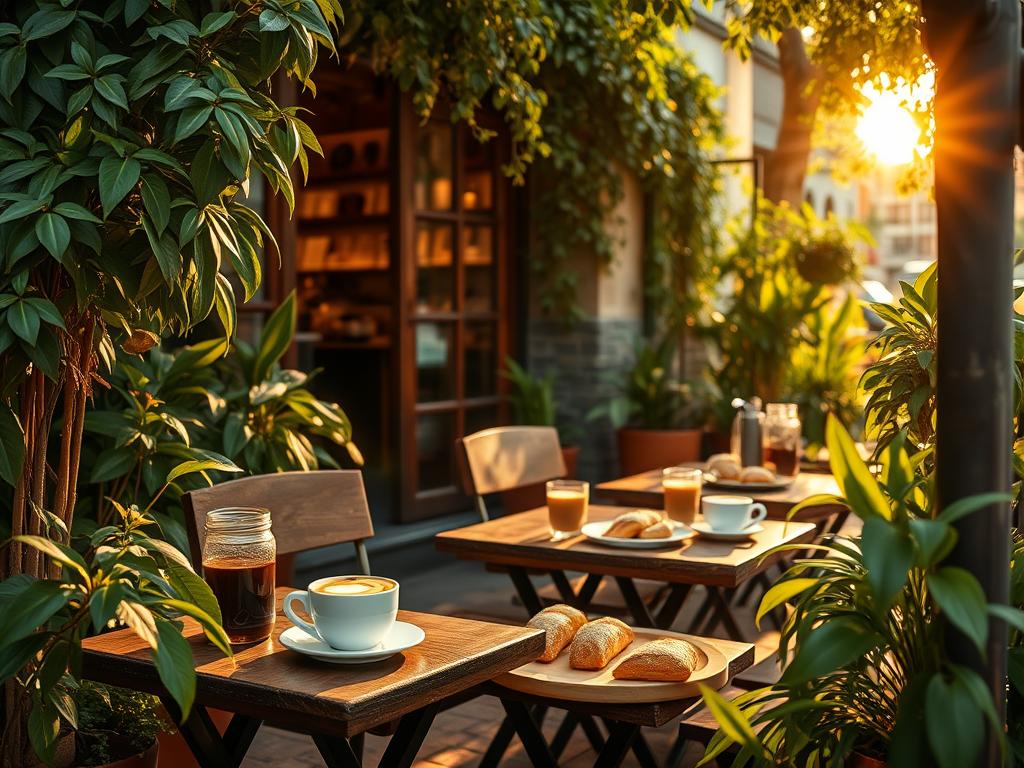 A cozy outdoor café nestled in a lush urban setting, with a charming array of freshly brewed coffee beverages and artisanal pastries arranged on rustic wooden tables. Vibrant greenery and potted plants frame the scene, creating a welcoming and natural atmosphere. Warm, soft lighting emanates from the café's interior, casting a golden glow and casting long shadows across the scene. The café's entrance is partially visible, hinting at the inviting ambiance within. The overall composition evokes a sense of tranquility, quality, and the appreciation for the art of crafting exceptional coffee. A cozy outdoor café nestled in a lush urban setting, with a charming array of freshly brewed coffee beverages and artisanal pastries arranged on rustic wooden tables. Vibrant greenery and potted plants frame the scene, creating a welcoming and natural atmosphere. Warm, soft lighting emanates from the café's interior, casting a golden glow and casting long shadows across the scene. The café's entrance is partially visible, hinting at the inviting ambiance within. The overall composition evokes a sense of tranquility, quality, and the appreciation for the art of crafting exceptional coffee.