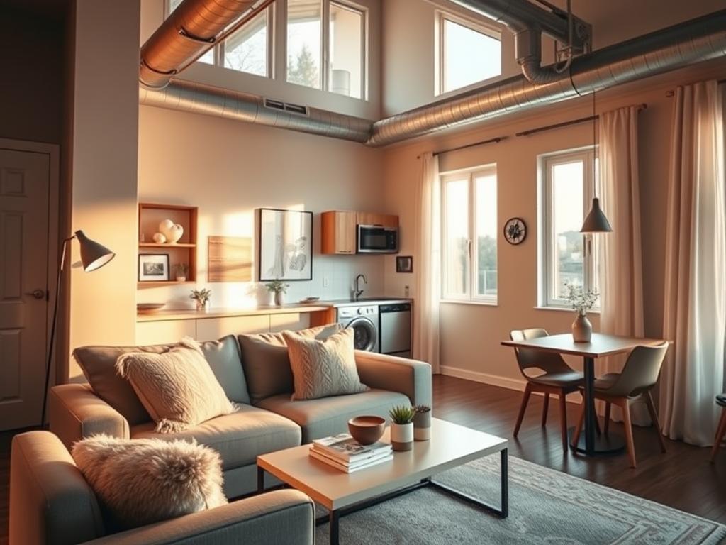 A cozy vacation rental apartment with warm lighting, soft textures, and modern decor. The scene features an open-concept living area with a comfortable sofa, plush throw pillows, and a minimalist coffee table. Large windows allow natural light to flood the space, creating a bright and airy ambiance. In the background, a small kitchenette with clean lines and stainless steel appliances. The overall atmosphere conveys a sense of relaxation and comfort, perfect for an Airbnb vacation stay.