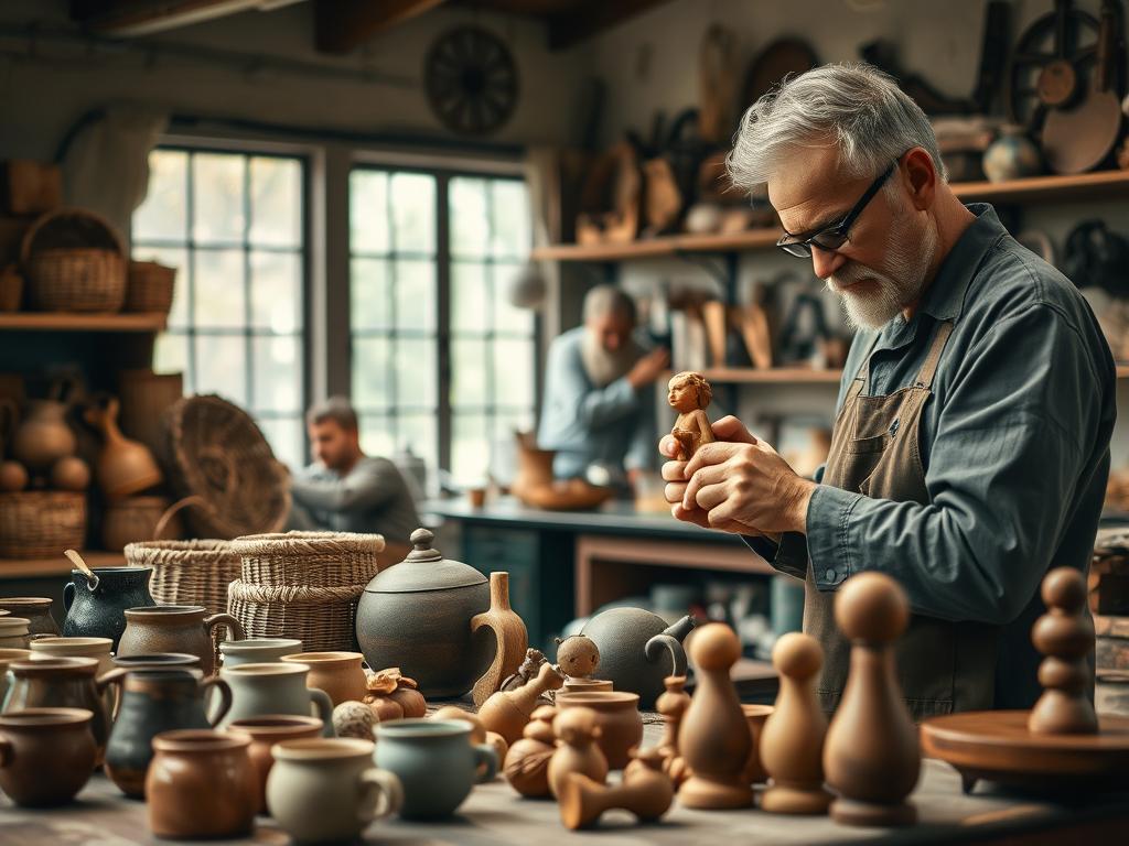A cozy workshop interior, with natural light filtering through large windows. In the foreground, an array of handcrafted items - ceramic mugs, woven baskets, and wooden trinkets - arranged on a rustic workbench. The middle ground features a skilled artisan's hands meticulously carving a intricate wooden figure, their concentrated expression captured in the soft, warm lighting. In the background, shelves display an eclectic collection of vintage supplies and materials, hinting at the maker's creative process. The overall atmosphere conveys a sense of artisanal pride, attention to detail, and the timeless beauty of handmade goods.