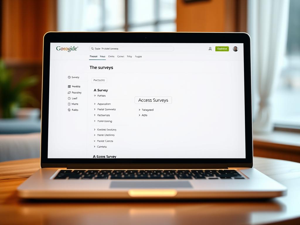 A crisp, well-lit digital interface displaying the surveys section on a laptop or desktop computer. The screen features a clean, organized layout with intuitive navigation menus, categorized survey options, and a prominent "Access Surveys" call-to-action button. The background blurs softly, placing emphasis on the screen's contents. Warm, balanced lighting casts a professional, inviting atmosphere, drawing the viewer's attention to the surveys section as the focal point. Angles and perspectives are chosen to showcase the surveys interface clearly and effectively, allowing the user to easily envision navigating and interacting with the system. A crisp, well-lit digital interface displaying the surveys section on a laptop or desktop computer. The screen features a clean, organized layout with intuitive navigation menus, categorized survey options, and a prominent "Access Surveys" call-to-action button. The background blurs softly, placing emphasis on the screen's contents. Warm, balanced lighting casts a professional, inviting atmosphere, drawing the viewer's attention to the surveys section as the focal point. Angles and perspectives are chosen to showcase the surveys interface clearly and effectively, allowing the user to easily envision navigating and interacting with the system.