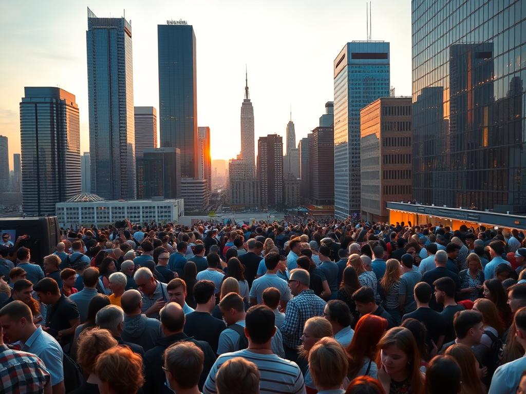 A crowded city skyline at dusk, with a bustling crowd of people in the foreground. In the middle ground, a group of diverse individuals are engaged in lively discussions, collaborating on mobile devices. The background features towering skyscrapers, their glass facades reflecting the warm, golden light of the setting sun. The scene conveys a sense of energy, innovation, and the future of mobile app development, where crowdtesting plays a vital role in shaping the user experience. A crowded city skyline at dusk, with a bustling crowd of people in the foreground. In the middle ground, a group of diverse individuals are engaged in lively discussions, collaborating on mobile devices. The background features towering skyscrapers, their glass facades reflecting the warm, golden light of the setting sun. The scene conveys a sense of energy, innovation, and the future of mobile app development, where crowdtesting plays a vital role in shaping the user experience.