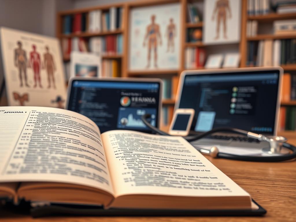 A detailed composition reflecting medical terminology and tools for accuracy in translation. In the foreground, a close-up of an open medical dictionary with highlighted terms and translations, emphasizing clarity and precision. In the middle, various translation tools like a laptop displaying translation software and medical terminology apps, with a stethoscope coiling nearby to symbolize healthcare. The background features a softly blurred library setting, with shelves of medical books and an anatomy chart on the wall, creating an academic atmosphere. The lighting is warm and inviting, suggesting a professional workspace, with a focus on creating an impression of expertise and dedication. Aim for a harmonious blend of focus and clarity, capturing the essence of medical translation.