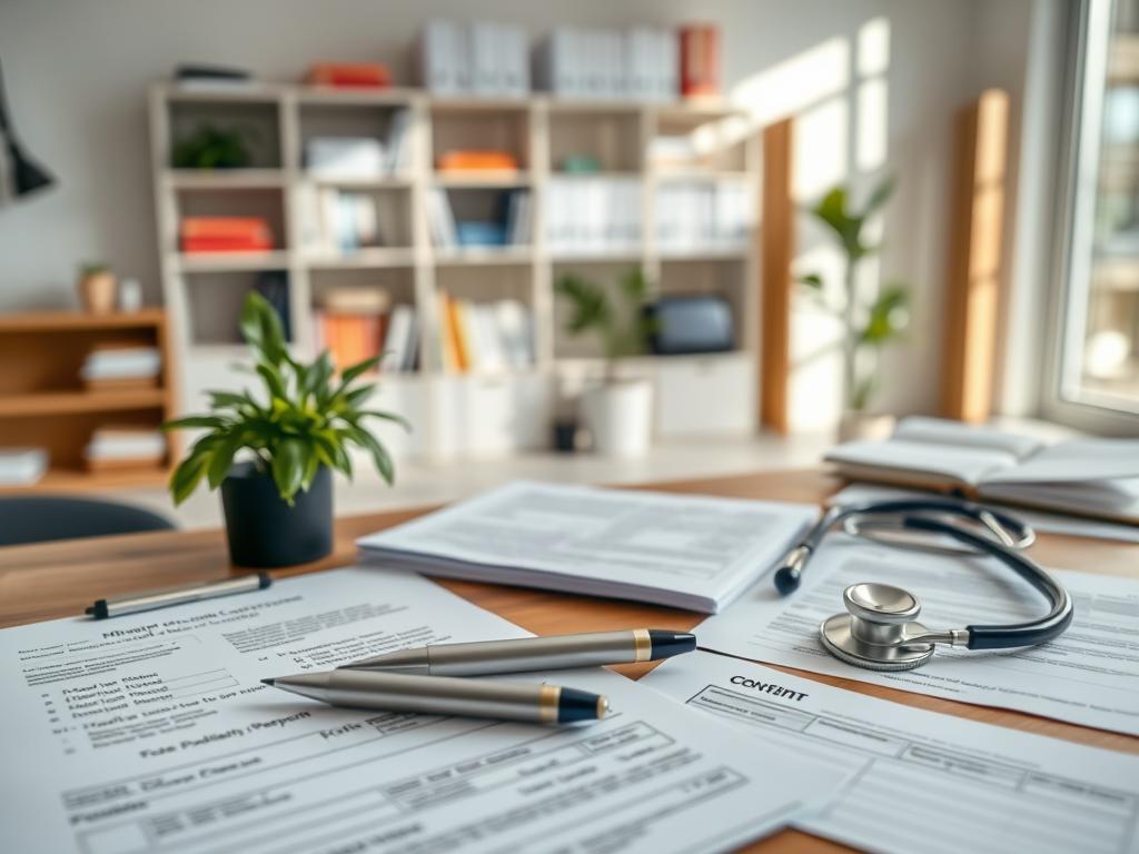 A detailed composition showcasing various types of medical documents, including a patient chart, a prescription pad, a medical report, and a consent form, laid out on a wooden desk. The foreground features the documents neatly organized, with a pen and a stethoscope positioned beside them, emphasizing a professional medical atmosphere. The middle ground includes a softly blurred background of a clean, modern medical office with shelves filled with medical books and a potted plant for a touch of greenery. Bright, natural lighting filters through a window, casting gentle shadows across the documents, creating an inviting and informative mood. Capture this scene with a slight overhead angle, focusing on clarity and detail to highlight the importance of these medical texts.