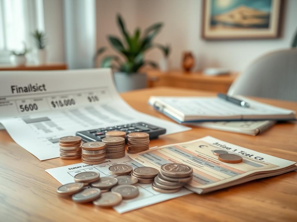 A detailed financial report displayed on a wooden surface, with stacks of coins and bills in the foreground. In the middle ground, a calculator, a pen, and a notebook with handwritten notes. The background features a warm, softly-lit office setting, with a potted plant and a framed artwork on the wall, conveying a professional, yet inviting atmosphere. The overall scene emphasizes the careful consideration of pricing, commissions, and payment processing for the sale of handcrafted artisanal goods.