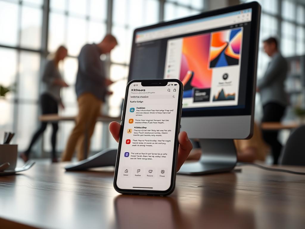 A detailed, well-lit close-up shot of a user interface showcasing various UX elements like intuitive navigation, clean typography, and interactive icons. The foreground features a sleek smartphone displaying a minimalist app design with crisp menus, vibrant colors, and meaningful microcopy. The middle ground includes a computer monitor showing a web interface with responsive layout and subtle hover effects. The background depicts a modern office setting with large windows, natural lighting, and blurred silhouettes of people collaborating. The overall mood is one of elegance, efficiency, and user-centric focus. A detailed, well-lit close-up shot of a user interface showcasing various UX elements like intuitive navigation, clean typography, and interactive icons. The foreground features a sleek smartphone displaying a minimalist app design with crisp menus, vibrant colors, and meaningful microcopy. The middle ground includes a computer monitor showing a web interface with responsive layout and subtle hover effects. The background depicts a modern office setting with large windows, natural lighting, and blurred silhouettes of people collaborating. The overall mood is one of elegance, efficiency, and user-centric focus.