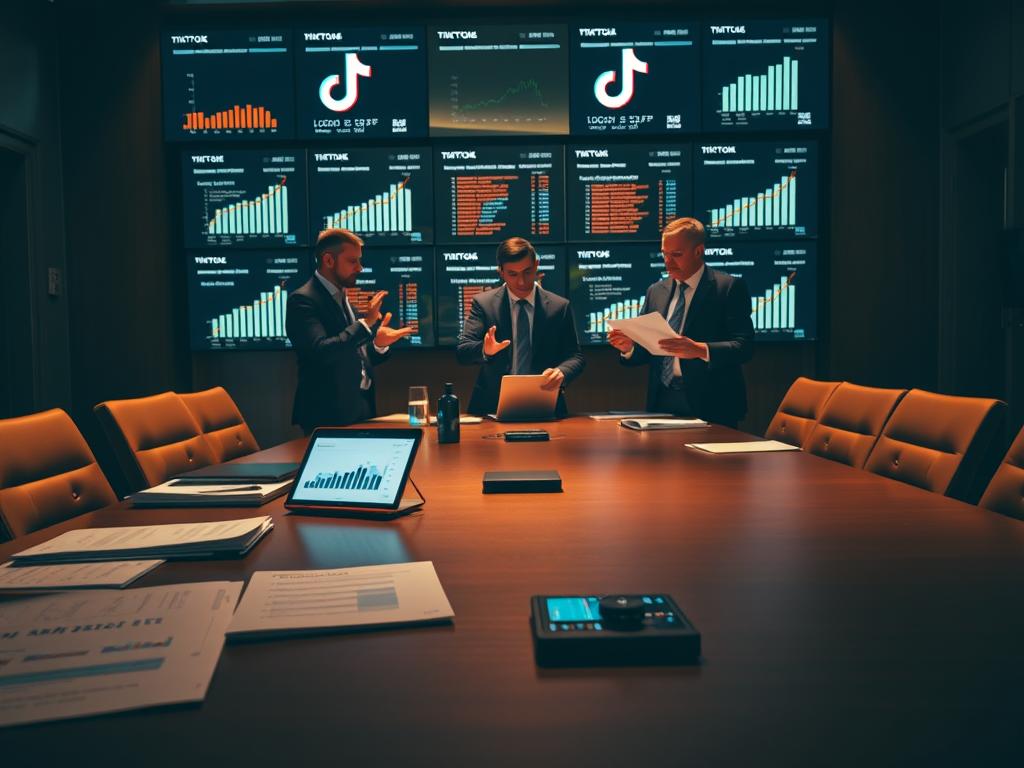 A dimly lit corporate office setting, with a large conference table in the foreground. On the table, various business documents, a laptop, and a smartphone displaying analytics data. In the middle ground, executives in formal attire engage in a heated discussion, gesturing and examining charts. The background features a wall of screens displaying social media metrics, highlighting the challenges of measuring and optimizing digital marketing campaigns for the tourism industry. Warm lighting casts shadows, creating a sense of tension and urgency. The overall scene conveys the complexities and obstacles faced by brands navigating the dynamic landscape of social media platforms like TikTok.
