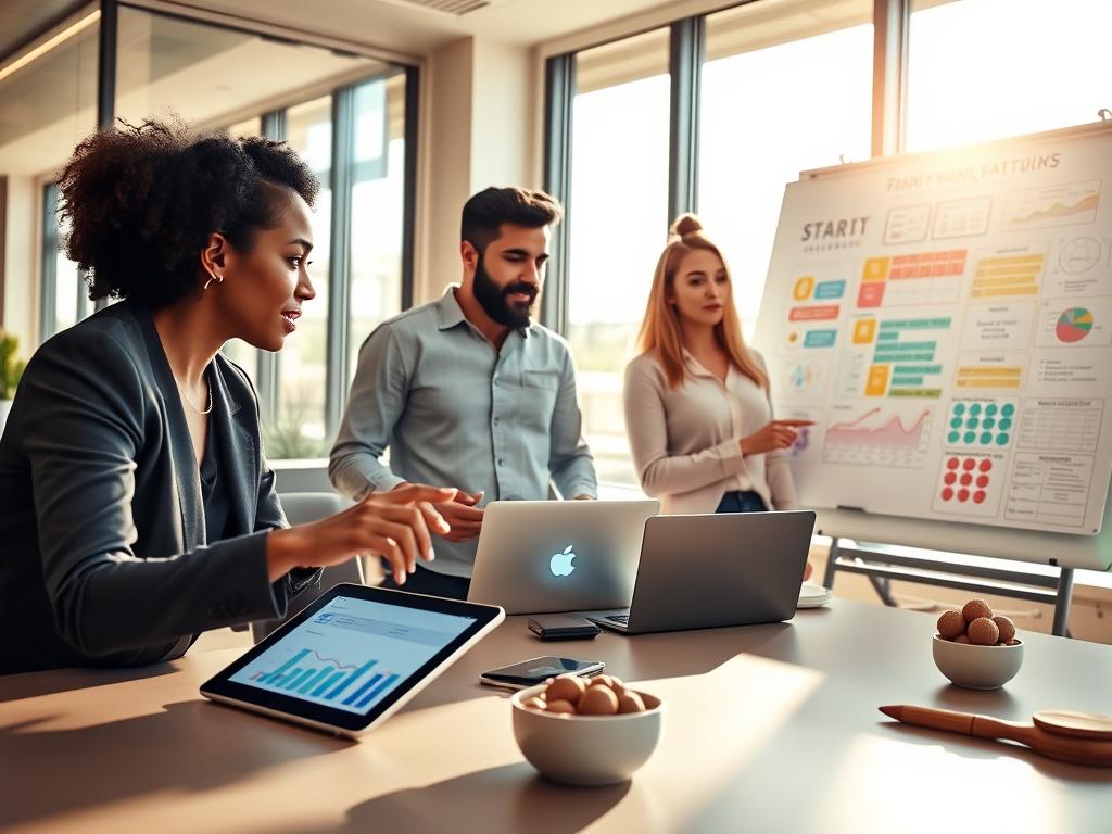 A diverse group of three strategy influencers engaged in a discussion over a modern conference table, showcasing a vibrant community management planning session. In the foreground, one influencer, a woman in professional attire, gestures towards a digital tablet displaying analytics. In the middle ground, a man in stylish but modest casual clothing takes notes on a laptop, while another woman, dressed in business casual, is pointing at a large whiteboard filled with colorful charts and strategies. The background features large windows with natural sunlight flooding the room, creating a bright and inspiring atmosphere. The image captures a sense of collaboration and innovation, with a warm color palette and soft shadows, evoking an atmosphere of productivity and strategic thinking.