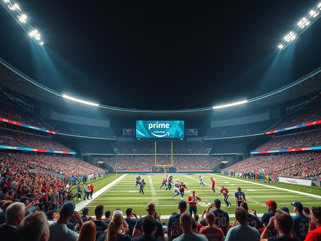A dynamic football stadium at night, bathed in the glow of Amazon Prime's logo. The field is lit by powerful floodlights, casting long shadows across the players as they compete in a thrilling Thursday Night Football game. In the foreground, fans in team jerseys cheer passionately from the packed stands, their faces illuminated by the vibrant colors of the scoreboard and digital advertisements. The middle ground features the players, their uniforms crisp and detailed, engaged in an intense moment of the game. The background showcases the stadium's striking modern architecture, complemented by a dramatic night sky peppered with stars. The overall mood is one of electric energy, showcasing the immersive experience of Amazon Prime's premier sports streaming offering.