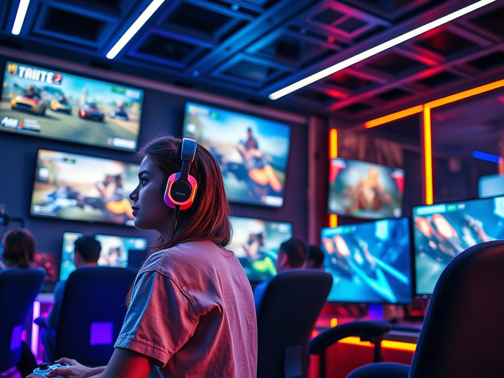 A dynamic gaming scene showcasing a diverse group of gamers immersed in streaming popular video games on Twitch. In the foreground, a young woman in casual yet professional attire is focused on her gaming setup, a colorful headset on her ears and a game controller in hand. The middle ground features multiple large screens displaying various gaming categories, from battle royale to simulation games, with action-packed gameplay footage. The background is a sleek, modern gaming room filled with LED lights casting a vibrant glow, enhancing the energetic atmosphere. The lighting is bright and engaging, emphasizing the excitement of gaming while creating a warm and inviting mood. Capture this scene from a slightly elevated angle to provide a comprehensive view of the whole setup, inviting viewers into the gaming world. A dynamic gaming scene showcasing a diverse group of gamers immersed in streaming popular video games on Twitch. In the foreground, a young woman in casual yet professional attire is focused on her gaming setup, a colorful headset on her ears and a game controller in hand. The middle ground features multiple large screens displaying various gaming categories, from battle royale to simulation games, with action-packed gameplay footage. The background is a sleek, modern gaming room filled with LED lights casting a vibrant glow, enhancing the energetic atmosphere. The lighting is bright and engaging, emphasizing the excitement of gaming while creating a warm and inviting mood. Capture this scene from a slightly elevated angle to provide a comprehensive view of the whole setup, inviting viewers into the gaming world.