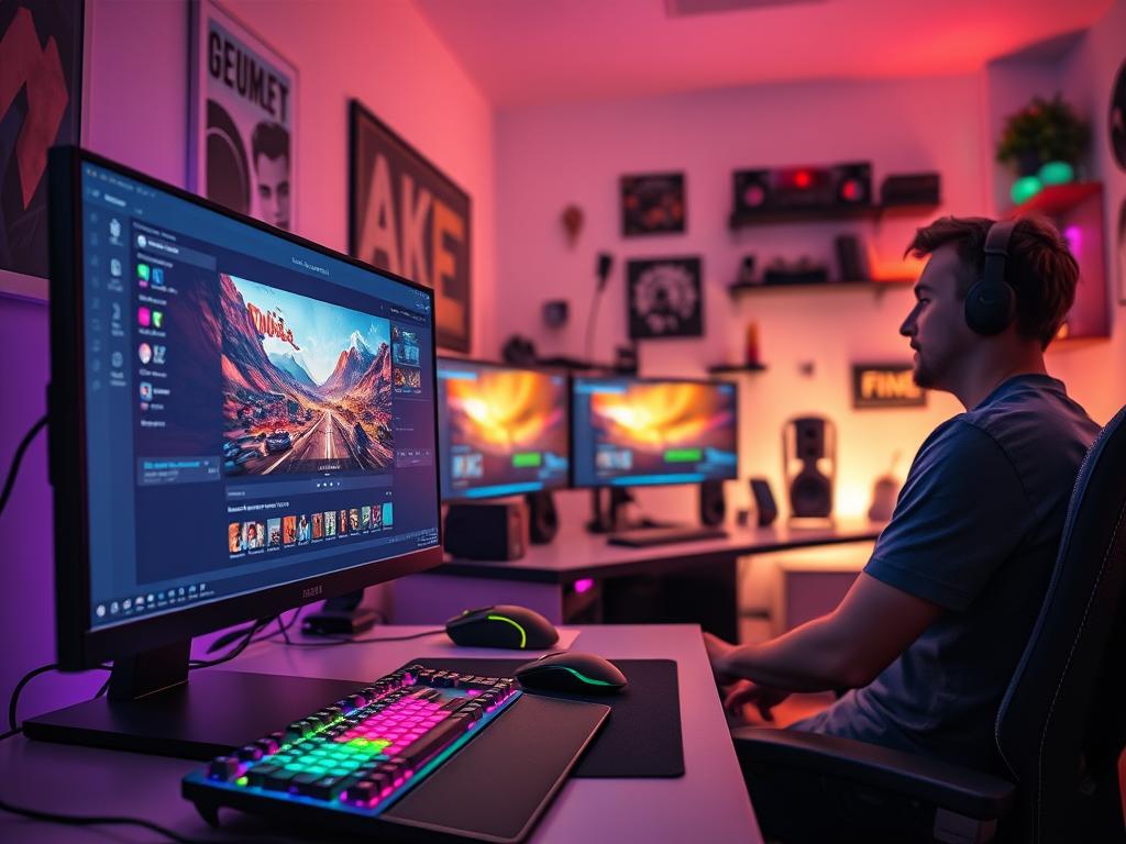 A dynamic illustration of modern streaming software interface featuring OBS Studio and Streamlabs. In the foreground, show a sleek computer monitor displaying vibrant graphics of a gaming stream, with overlays indicating viewer count and chat messages. Include a gaming keyboard and mouse with colorful RGB lighting. The middle ground features an organized desk setup with dual monitors, and a professional streamer in casual attire, focusing on the screen, interacting with the audience, reflecting concentration and engagement. In the background, a softly lit room decorated with gaming paraphernalia adds depth, while the lighting creates a cozy yet high-tech atmosphere. Use a wide-angle perspective to capture the entire setup, emphasizing the blend of technology and personal touch in gaming stream environments. A dynamic illustration of modern streaming software interface featuring OBS Studio and Streamlabs. In the foreground, show a sleek computer monitor displaying vibrant graphics of a gaming stream, with overlays indicating viewer count and chat messages. Include a gaming keyboard and mouse with colorful RGB lighting. The middle ground features an organized desk setup with dual monitors, and a professional streamer in casual attire, focusing on the screen, interacting with the audience, reflecting concentration and engagement. In the background, a softly lit room decorated with gaming paraphernalia adds depth, while the lighting creates a cozy yet high-tech atmosphere. Use a wide-angle perspective to capture the entire setup, emphasizing the blend of technology and personal touch in gaming stream environments.