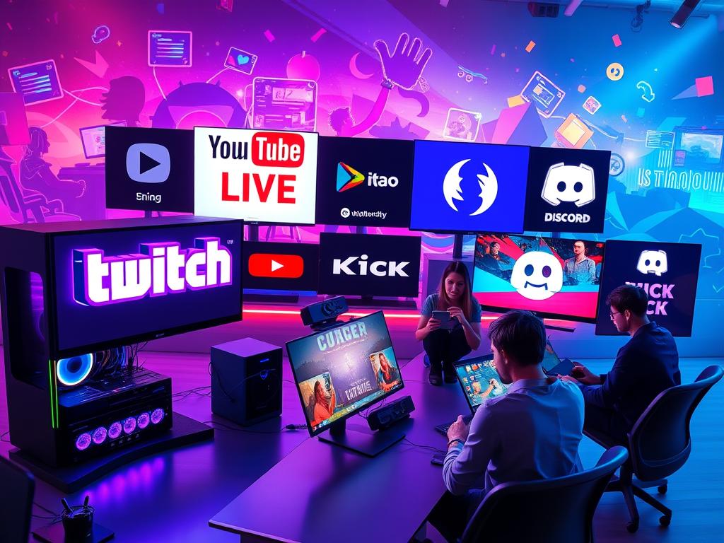 A dynamic scene illustrating various streaming platforms, with a focus on Twitch, YouTube Live, Kick, and Discord. In the foreground, a modern gaming setup features a sleek gaming PC and high-quality monitors displaying the logos of each platform, lit by vibrant RGB lighting. The middle ground includes characters, depicted in professional attire, engaging with the platforms on laptops and tablets, suggesting a collaborative environment. The background shows a colorful digital landscape representing the online streaming world, with abstract graphics and motifs that suggest community and interaction, invoking excitement and creativity. The lighting is bright and engaging, enhancing the high-energy atmosphere. Use a wide-angle lens to capture the entire scene, emphasizing the vibrant and lively essence of gaming streaming culture. A dynamic scene illustrating various streaming platforms, with a focus on Twitch, YouTube Live, Kick, and Discord. In the foreground, a modern gaming setup features a sleek gaming PC and high-quality monitors displaying the logos of each platform, lit by vibrant RGB lighting. The middle ground includes characters, depicted in professional attire, engaging with the platforms on laptops and tablets, suggesting a collaborative environment. The background shows a colorful digital landscape representing the online streaming world, with abstract graphics and motifs that suggest community and interaction, invoking excitement and creativity. The lighting is bright and engaging, enhancing the high-energy atmosphere. Use a wide-angle lens to capture the entire scene, emphasizing the vibrant and lively essence of gaming streaming culture.