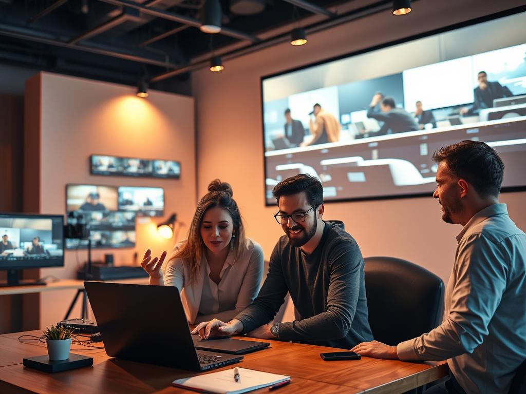 A dynamic, vibrant scene showcasing an agile video workflow. In the foreground, a group of creatives collaborate around a laptop, gesturing animatedly as they refine their ideas. The middle ground features a sleek, minimalist video editing suite, with cutting-edge software and equipment. In the background, a time-lapse projection captures the rapid, iterative process, from initial storyboarding to final rendering. Warm, focused lighting accentuates the sense of momentum and efficiency, while a neutral color palette and clean, modern design elements convey professionalism and innovation. The overall atmosphere is one of seamless collaboration, swift decision-making, and the thrill of transforming concepts into polished video content. A dynamic, vibrant scene showcasing an agile video workflow. In the foreground, a group of creatives collaborate around a laptop, gesturing animatedly as they refine their ideas. The middle ground features a sleek, minimalist video editing suite, with cutting-edge software and equipment. In the background, a time-lapse projection captures the rapid, iterative process, from initial storyboarding to final rendering. Warm, focused lighting accentuates the sense of momentum and efficiency, while a neutral color palette and clean, modern design elements convey professionalism and innovation. The overall atmosphere is one of seamless collaboration, swift decision-making, and the thrill of transforming concepts into polished video content.