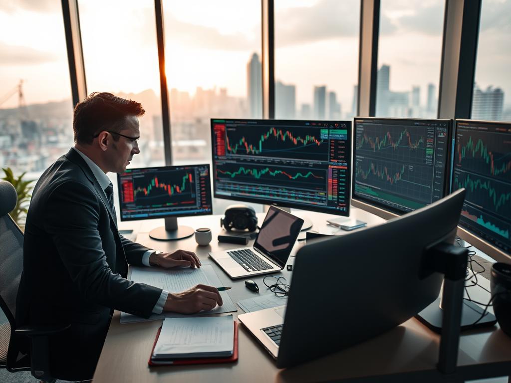 A focused and dynamic workspace depicting a sophisticated forex trading analysis scene. In the foreground, a professional male trader in business attire closely examines multiple screens with intricate charts, graphs, and live market data, showing signs of analysis and concentration. In the middle, a modern desk cluttered with trading tools like a laptop, notepad, and financial reports. The background features a large window with a view of a bustling city skyline, illuminated by soft natural light, creating a productive atmosphere. The overall mood is one of focused determination and professionalism, emphasizing the transition from analysis to execution in trading. The camera angle is a slightly elevated perspective, capturing the depth of the trading environment while maintaining a clear focus on the trader's actions.