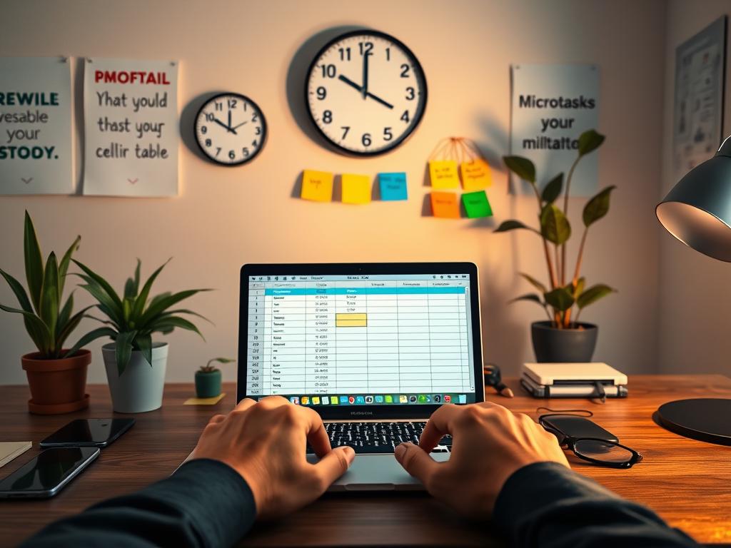 A focused workspace featuring an organized desk with a laptop displaying a spreadsheet of profitable microtasks. In the foreground, a pair of hands engaged in work, wearing smart casual attire. In the middle, a wall clock indicating time management, alongside colorful sticky notes labeled with task categories. The background showcases a softly lit room with house plants and motivational posters about productivity. The lighting is warm and inviting, creating a sense of comfort and focus. The scene conveys a productive and serene atmosphere, emphasizing efficiency in selecting valuable tasks without wasting time. Capture this in a realistic style, using a slightly elevated angle to give depth to the workspace layout. A focused workspace featuring an organized desk with a laptop displaying a spreadsheet of profitable microtasks. In the foreground, a pair of hands engaged in work, wearing smart casual attire. In the middle, a wall clock indicating time management, alongside colorful sticky notes labeled with task categories. The background showcases a softly lit room with house plants and motivational posters about productivity. The lighting is warm and inviting, creating a sense of comfort and focus. The scene conveys a productive and serene atmosphere, emphasizing efficiency in selecting valuable tasks without wasting time. Capture this in a realistic style, using a slightly elevated angle to give depth to the workspace layout.