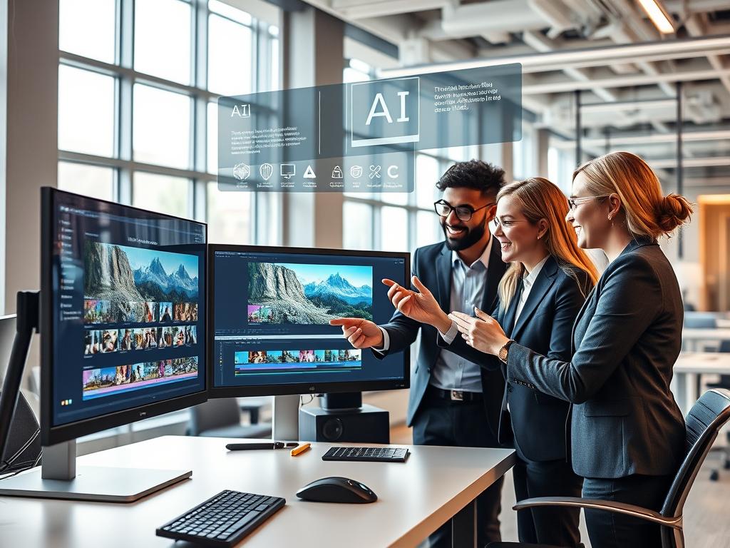A futuristic video editing workspace illustrates the concept of artificial intelligence in video editing. In the foreground, a sleek, modern workstation features a large monitor displaying an intuitive video editing interface with AI tools highlighted. A diverse group of three professionals, dressed in smart business attire, collaborates enthusiastically, analyzing video clips and utilizing touch gestures. In the middle ground, holographic visualizations of AI algorithms and editing shortcuts hover above the desk, giving a dynamic sense of technology in action. The background shows a contemporary office space with large windows, flooding the room with natural light, enhancing a vibrant and innovative atmosphere. The overall mood is energetic and creative, showcasing the synergy between human creativity and AI technology in video editing.