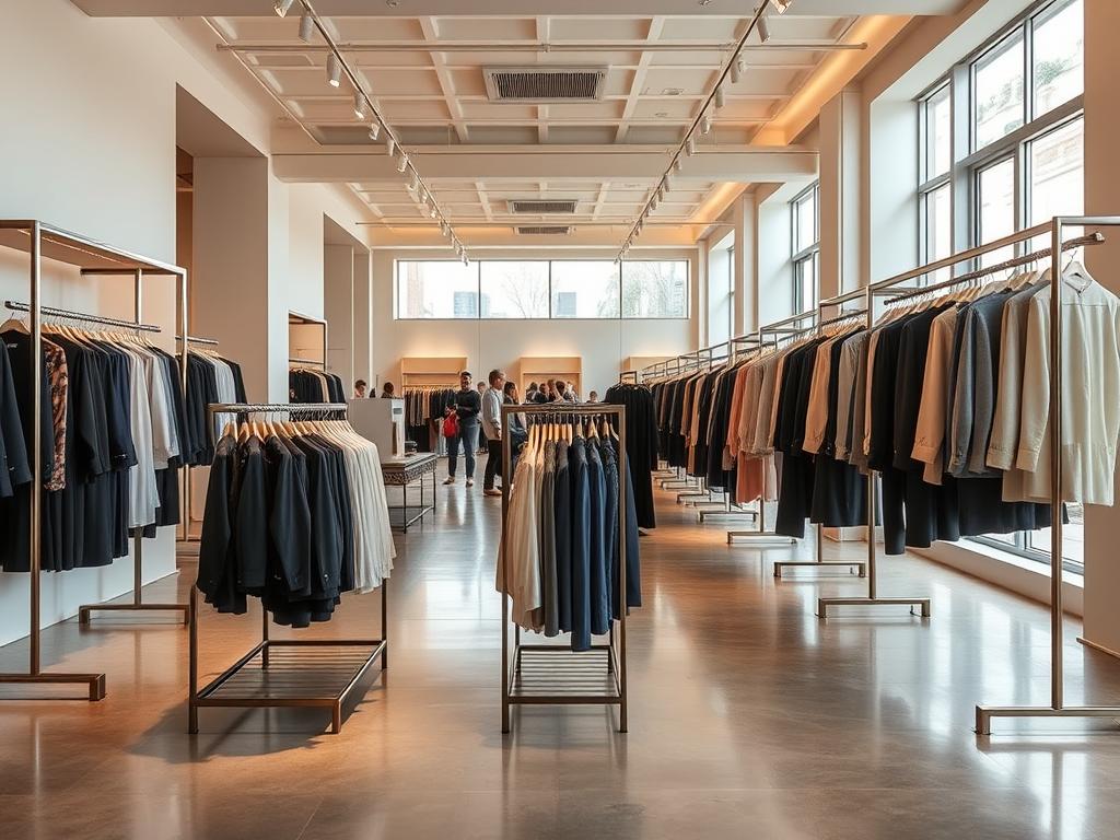 A grand, contemporary showroom interior with sleek, minimalist furnishings and carefully curated merchandise displayed on elegant metal racks. Warm, diffused lighting casts a soft glow, highlighting the premium quality and timeless style of the pre-owned clothing. The spacious layout features high ceilings, polished concrete floors, and large windows that allow natural light to flood the space, creating an airy, sophisticated ambiance. In the foreground, a focal display showcases a selection of high-end designer garments, while in the middle ground, shoppers casually browse the racks, immersed in the carefully cultivated shopping experience. The background is anchored by a serene, neutral color palette, allowing the merchandise to take center stage.