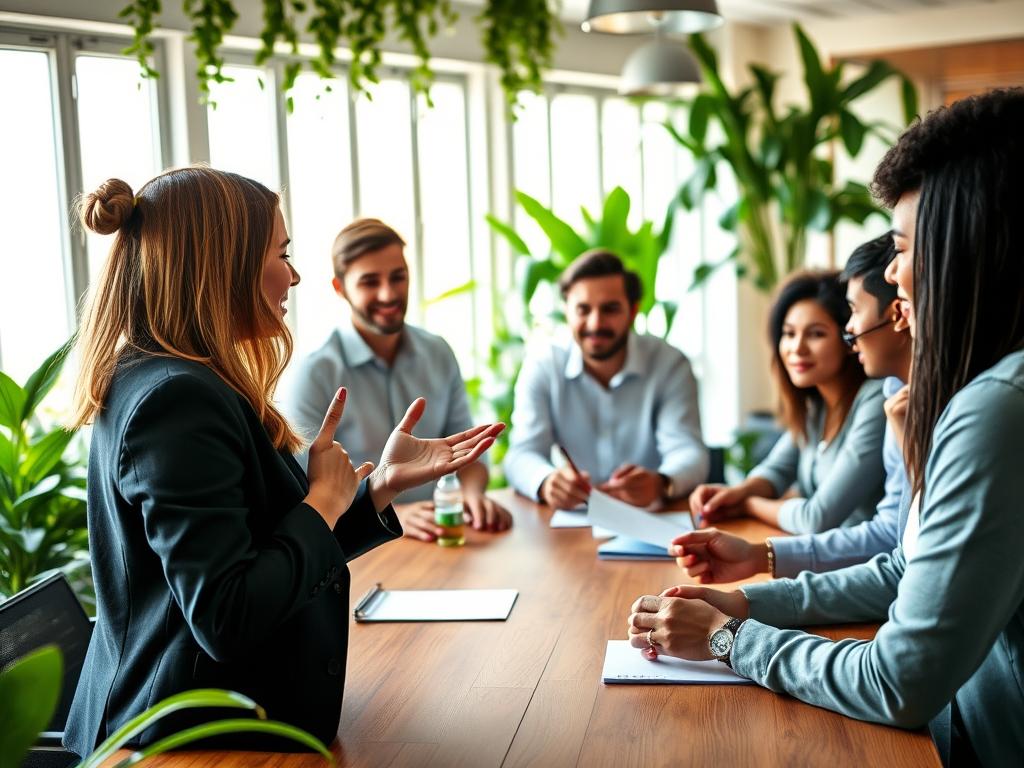 A group of diverse communication influencers engaged in a lively brainstorming session around a wooden conference table, surrounded by vibrant greenery. In the foreground, a woman in a smart blazer enthusiastically presents her ideas, while in the middle ground, a man in a casual shirt takes notes. Subtle gestures and expressions convey collaboration and creativity. The background features bright windows allowing natural light to flood the room, creating an inviting atmosphere. Soft shadows and highlights emphasize the dynamic interactions among the influencers. The scene is captured from a slight angle, providing depth and perspective, reflecting a professional yet relaxed vibe conducive to open communication and brand ambassador relationships.