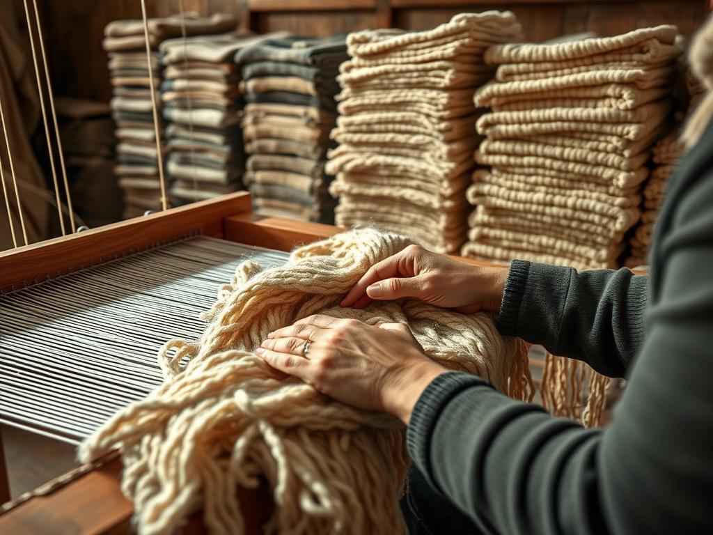A hand-crafted alpaca scarf being carefully woven on a traditional loom, with the weaver's skilled fingers manipulating the soft, luxurious fibers. In the background, rows of neatly stacked finished products await inspection, showcasing the precision and attention to detail of the artisanal manufacturing process. Soft, natural lighting bathes the scene, highlighting the warmth and texture of the alpaca yarn. The overall mood conveys a sense of authentic, high-quality craftsmanship that has been passed down through generations.