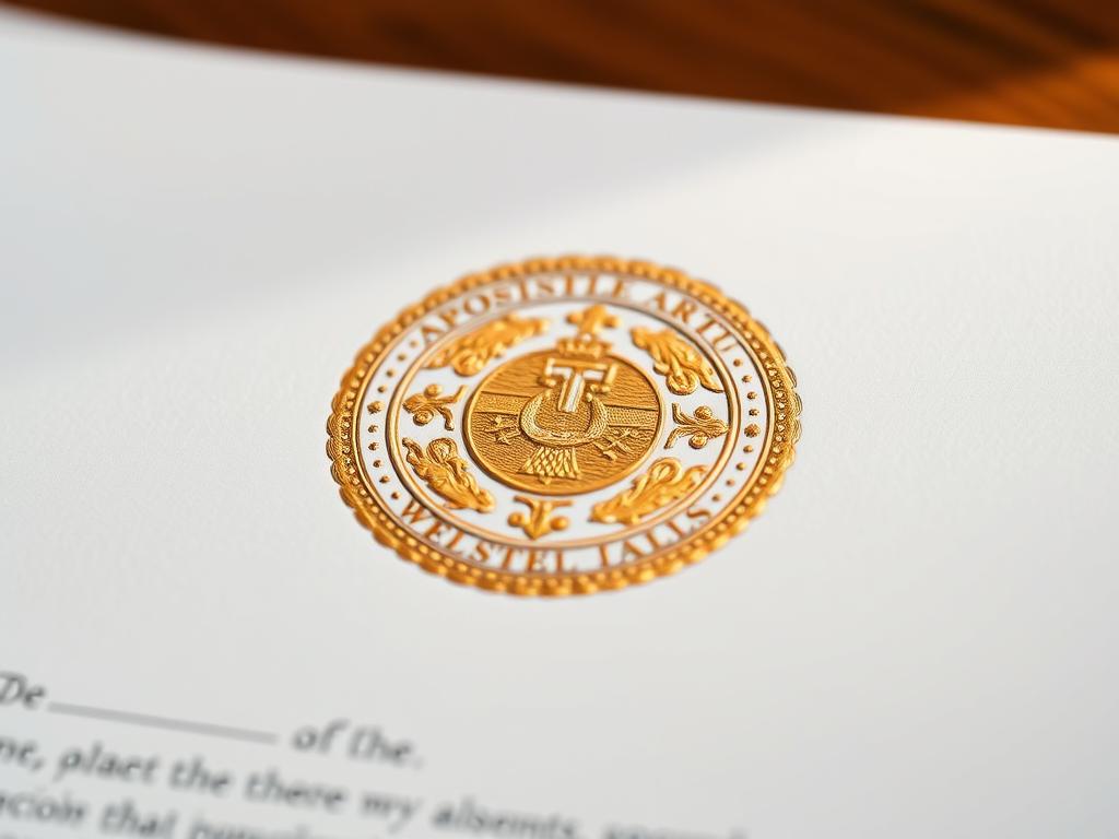 A high-quality, intricate stamp or seal imprinted on a formal legal document, casting a warm, authoritative glow. The apostille is centered on the page, framed by a clean white background, with soft, directional lighting accentuating the embossed texture and ornate details. The composition is balanced, the stamp's design elegant and emblematic, conveying the gravity and importance of this certification of document authenticity for international use. Rendered in a realistic, photographic style with a shallow depth of field, the apostille appears as a tactile, tangible object, worthy of close inspection.