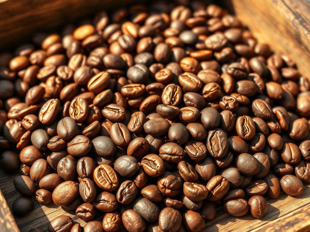 A high-quality vintage-style illustration of an assortment of premium specialty coffee beans, roasted to various degrees, arranged in an artisanal and visually appealing manner. The beans are depicted with a rich, vibrant color palette, showcasing their unique characteristics and origins. The composition features a balanced arrangement of the coffee beans, perhaps in a wooden crate or on a rustic surface, creating a sense of craftsmanship and attention to detail. The lighting is warm and natural, casting soft shadows that emphasize the textural qualities of the beans. The overall mood is one of sophistication, artistry, and a celebration of the diverse world of specialty coffee. A high-quality vintage-style illustration of an assortment of premium specialty coffee beans, roasted to various degrees, arranged in an artisanal and visually appealing manner. The beans are depicted with a rich, vibrant color palette, showcasing their unique characteristics and origins. The composition features a balanced arrangement of the coffee beans, perhaps in a wooden crate or on a rustic surface, creating a sense of craftsmanship and attention to detail. The lighting is warm and natural, casting soft shadows that emphasize the textural qualities of the beans. The overall mood is one of sophistication, artistry, and a celebration of the diverse world of specialty coffee.