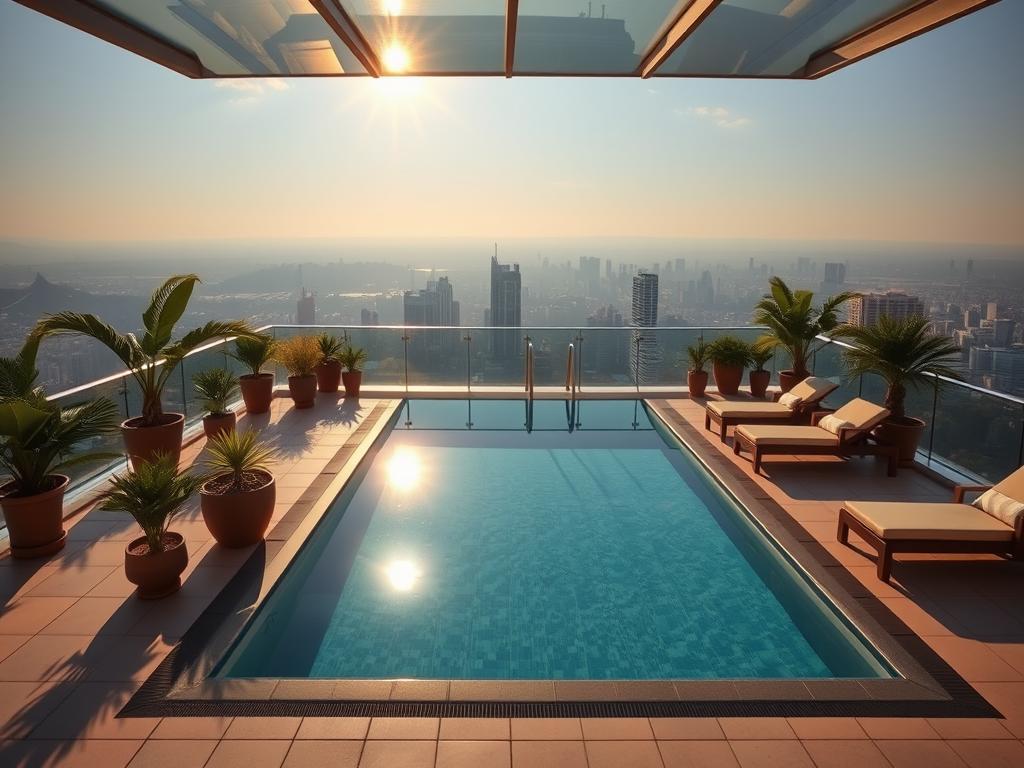 A luxurious rooftop pool overlooking a vibrant city skyline. The piscina terraza is surrounded by elegant, modern lounge furniture, with lush potted plants and warm lighting creating a serene, resort-like ambiance. Sunlight filters through a glass canopy, casting a soft, golden glow across the tiled deck. In the distance, high-rise buildings and a hazy horizon suggest an urban setting, while the tranquil waters of the pool offer a peaceful oasis. The scene conveys a sense of relaxation and sophistication, perfectly suited for an Airbnb rental with top-tier amenities.
