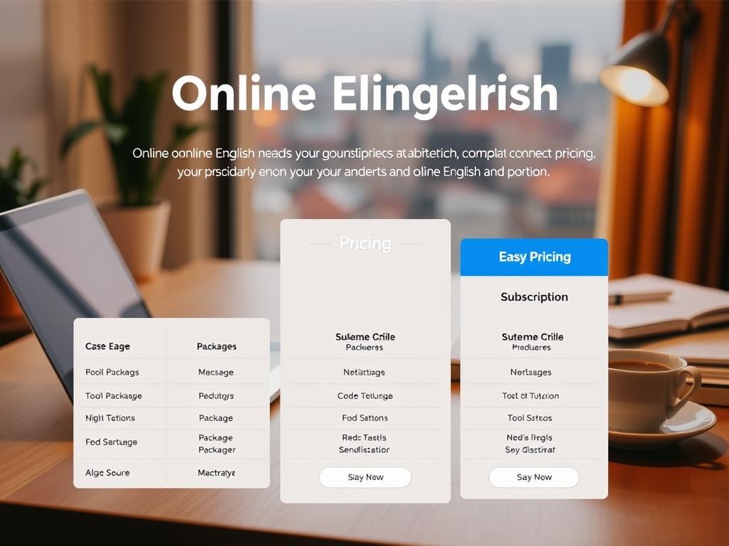 A meticulously designed image showcasing the pricing and plans for online English tutoring. In the foreground, a clean and minimalist layout displays various pricing options, packages, and subscription models, presented in a visually appealing manner. The middle ground features a serene study space, with a laptop, notebook, and a cup of coffee, conveying a cozy and productive atmosphere. In the background, a blurred cityscape or natural landscape sets the tone, hinting at the flexibility and accessibility of online learning. Soft, warm lighting bathes the scene, creating a welcoming and inviting ambiance. The image should exude a sense of professionalism, attention to detail, and a clear understanding of the target audience's needs and preferences. A meticulously designed image showcasing the pricing and plans for online English tutoring. In the foreground, a clean and minimalist layout displays various pricing options, packages, and subscription models, presented in a visually appealing manner. The middle ground features a serene study space, with a laptop, notebook, and a cup of coffee, conveying a cozy and productive atmosphere. In the background, a blurred cityscape or natural landscape sets the tone, hinting at the flexibility and accessibility of online learning. Soft, warm lighting bathes the scene, creating a welcoming and inviting ambiance. The image should exude a sense of professionalism, attention to detail, and a clear understanding of the target audience's needs and preferences.