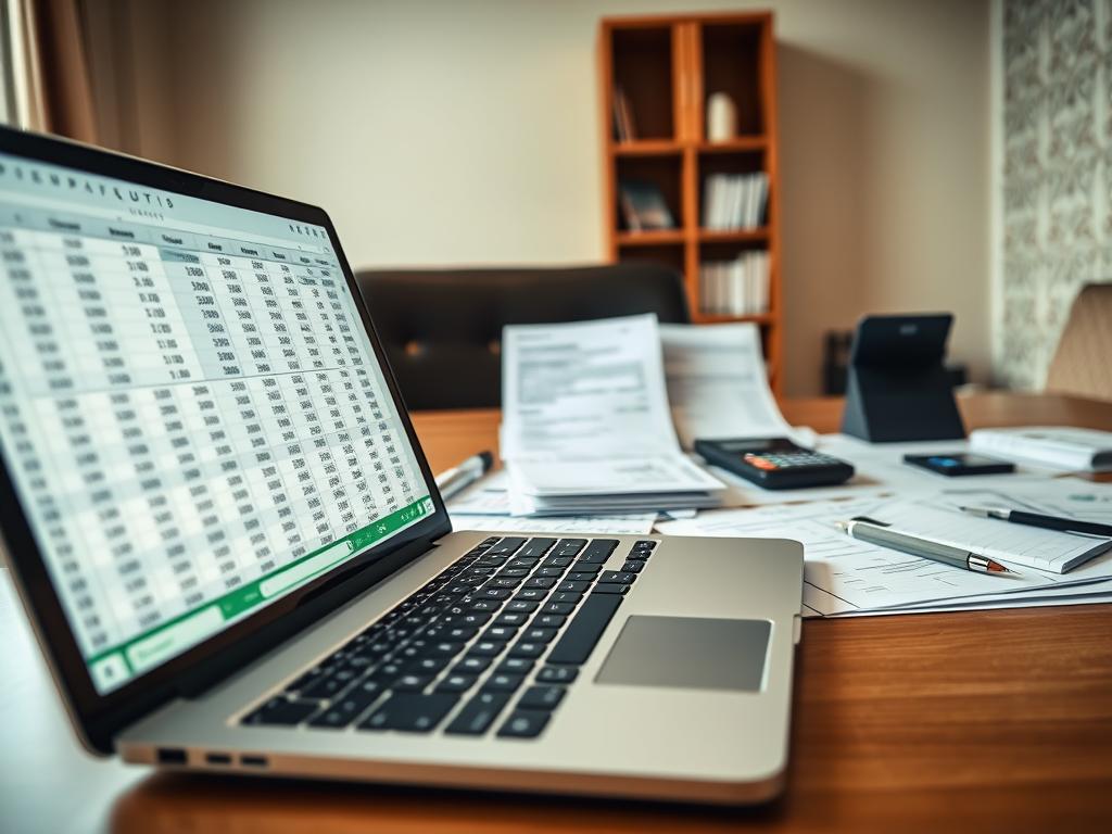 A meticulously detailed spreadsheet layout, with rows and columns neatly organized, showcasing a comprehensive "presupuesto" or budget plan. The foreground features a sleek, modern laptop displaying the spreadsheet, with crisp numeric values and clear labels. The middle ground depicts an array of financial documents, including invoices, receipts, and calculators, creating a sense of professional financial management. The background is a warm, neutral-toned office setting, with a bookshelf and a subtle pattern on the walls, conveying a sense of authority and expertise. Soft, directional lighting casts gentle shadows, highlighting the precision and care invested in the budgeting process. The overall mood is one of organized financial acumen, ready to support the "Plazos, precios y presupuesto inmediato" section of the technical manual translation article.