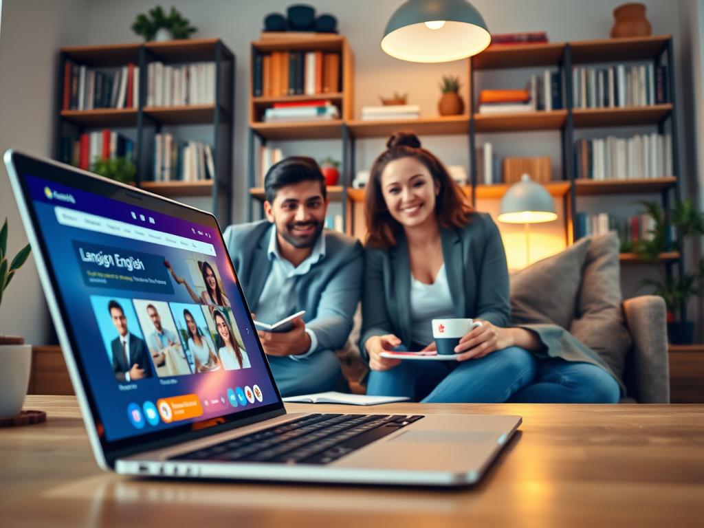 A modern digital learning environment showcasing online English platforms. In the foreground, a professional-looking laptop displaying an English learning website, with vibrant colors and engaging graphics. On the middle ground, two diverse individuals—one male and one female—engaged in a video call, both dressed in smart casual attire. They appear focused and motivated, with notepads and coffee cups nearby. In the background, a cozy home office setting featuring shelves filled with books and language learning tools, with warm, soft lighting that creates an inviting atmosphere. The angle of the shot is slightly tilted downward, emphasizing the interactive learning experience. The mood is lively and inspiring, reflecting the dynamic nature of online education. A modern digital learning environment showcasing online English platforms. In the foreground, a professional-looking laptop displaying an English learning website, with vibrant colors and engaging graphics. On the middle ground, two diverse individuals—one male and one female—engaged in a video call, both dressed in smart casual attire. They appear focused and motivated, with notepads and coffee cups nearby. In the background, a cozy home office setting featuring shelves filled with books and language learning tools, with warm, soft lighting that creates an inviting atmosphere. The angle of the shot is slightly tilted downward, emphasizing the interactive learning experience. The mood is lively and inspiring, reflecting the dynamic nature of online education.