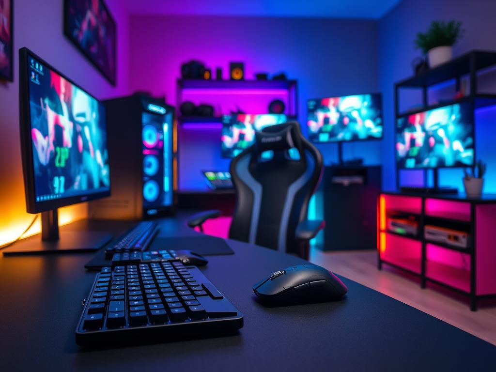 A modern gaming setup featuring a high-performance PC, dual monitors displaying vibrant game streams. In the foreground, a sleek mechanical keyboard and a high-DPI gaming mouse sit on a matte black desk. The middle ground showcases an ergonomic gaming chair, cleverly designed to emphasize comfort during long sessions. Ambient LED lighting casts a colorful glow throughout the room, enhancing the mood of focused concentration. The background includes a well-organized shelf with gaming accessories and a small potted plant for a touch of nature. Use soft yet dynamic lighting to create a balanced atmosphere, reminiscent of a professional streamer’s workspace. Aim for a wide-angle perspective to capture the depth of the setup, conveying both efficiency and style. A modern gaming setup featuring a high-performance PC, dual monitors displaying vibrant game streams. In the foreground, a sleek mechanical keyboard and a high-DPI gaming mouse sit on a matte black desk. The middle ground showcases an ergonomic gaming chair, cleverly designed to emphasize comfort during long sessions. Ambient LED lighting casts a colorful glow throughout the room, enhancing the mood of focused concentration. The background includes a well-organized shelf with gaming accessories and a small potted plant for a touch of nature. Use soft yet dynamic lighting to create a balanced atmosphere, reminiscent of a professional streamer’s workspace. Aim for a wide-angle perspective to capture the depth of the setup, conveying both efficiency and style.