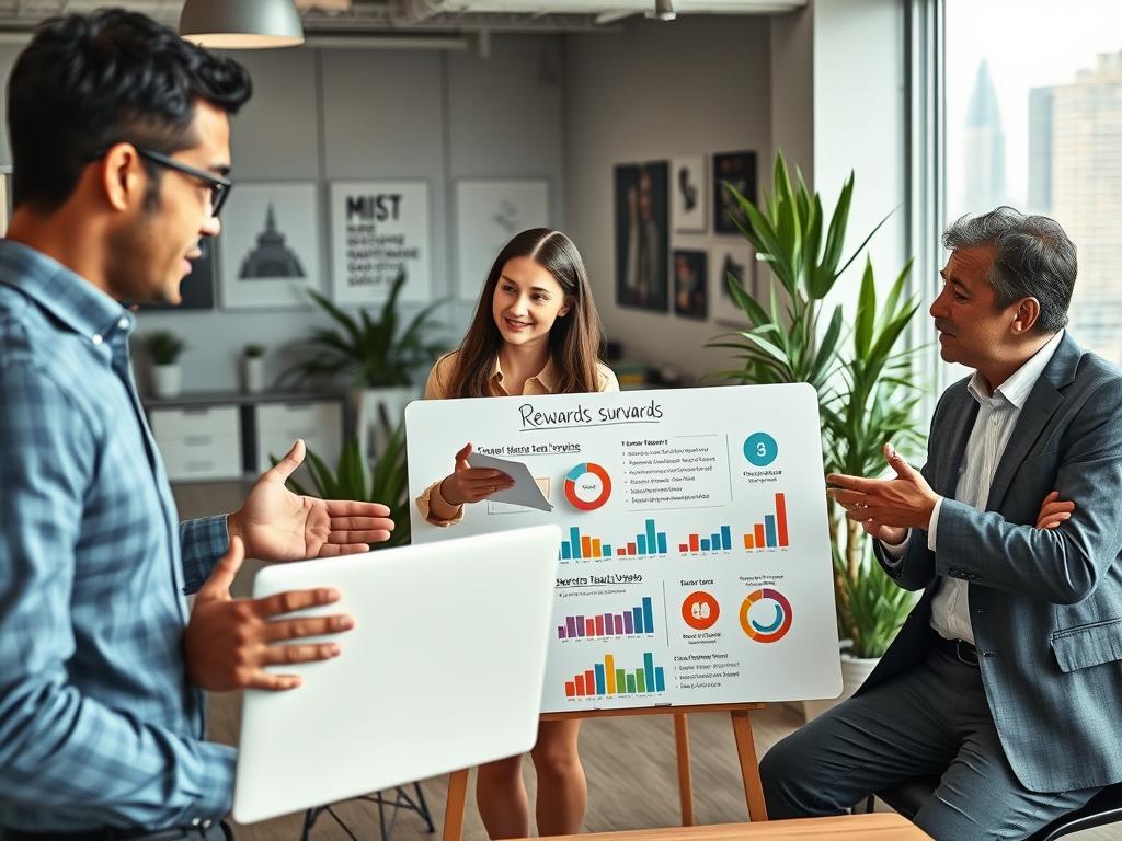 A modern, professional office setting depicting a diverse group of individuals engaged in a collaborative discussion about online surveys and rewards. In the foreground, one person, a man in professional attire, is gesturing towards a laptop, showing positive survey results. Beside him, a woman in smart casual clothing is taking notes, while a middle-aged professional, dressed in business attire, is thoughtfully contributing to the discussion. In the middle ground, a whiteboard displays colorful graphs and statistics related to survey experiences and opinions, enhancing the theme of feedback and rewards. The background shows a well-lit office space with potted plants, a large window revealing a cityscape, and motivational posters. The atmosphere is engaging and productive, reflecting the excitement of gaining rewards through surveys. Soft, natural lighting enhances the warm and inviting mood of the scene. A modern, professional office setting depicting a diverse group of individuals engaged in a collaborative discussion about online surveys and rewards. In the foreground, one person, a man in professional attire, is gesturing towards a laptop, showing positive survey results. Beside him, a woman in smart casual clothing is taking notes, while a middle-aged professional, dressed in business attire, is thoughtfully contributing to the discussion. In the middle ground, a whiteboard displays colorful graphs and statistics related to survey experiences and opinions, enhancing the theme of feedback and rewards. The background shows a well-lit office space with potted plants, a large window revealing a cityscape, and motivational posters. The atmosphere is engaging and productive, reflecting the excitement of gaining rewards through surveys. Soft, natural lighting enhances the warm and inviting mood of the scene.