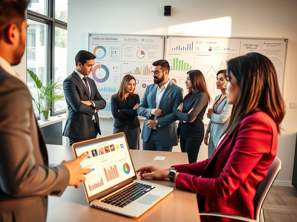 A modern, stylish workspace filled with natural light, showcasing a diverse group of professionals in business attire engaged in a collaborative discussion. In the foreground, a confident social media manager reviews profiles on a laptop, highlighting engagement metrics on the screen. In the middle ground, a diverse team of influencers from various backgrounds interact, analyzing data charts and brainstorming strategies. The background features a sleek whiteboard with colorful notes and key metrics related to creator affinity and engagement signals. Soft, warm lighting creates an inviting atmosphere, conveying a sense of purpose and innovation. The composition emphasizes teamwork and professionalism, reflecting the dynamic nature of influencer management in Venezuela.