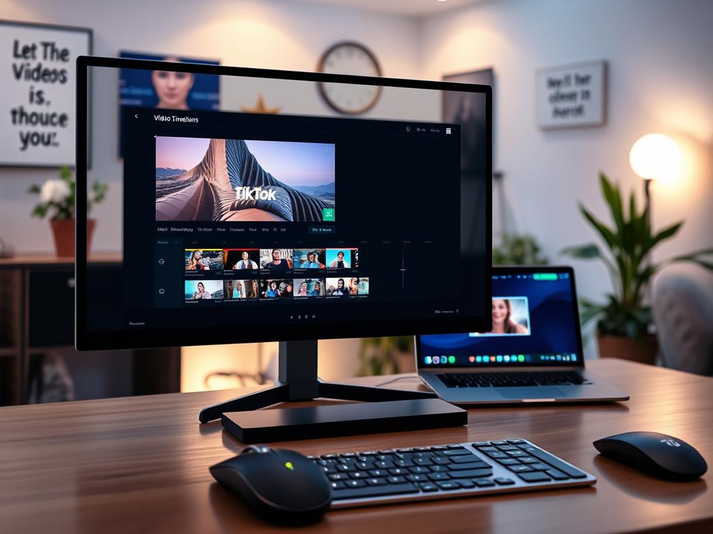 A modern video editing workspace featuring a sleek computer screen displaying a vibrant TikTok video timeline. In the foreground, there are editing tools like a mouse and keyboard positioned neatly. The middle layer includes a stylish desk with a professional laptop and a high-resolution monitor showing the ideal dimensions for TikTok videos. The background depicts a cozy, well-lit room with soft ambient lighting, a potted plant, and motivational quotes on the walls. The atmosphere is creative and inspiring, perfect for video editing. The image should emphasize clarity in dimensions and quality, conveying a sense of professionalism and artistic flair suitable for social media content creation.