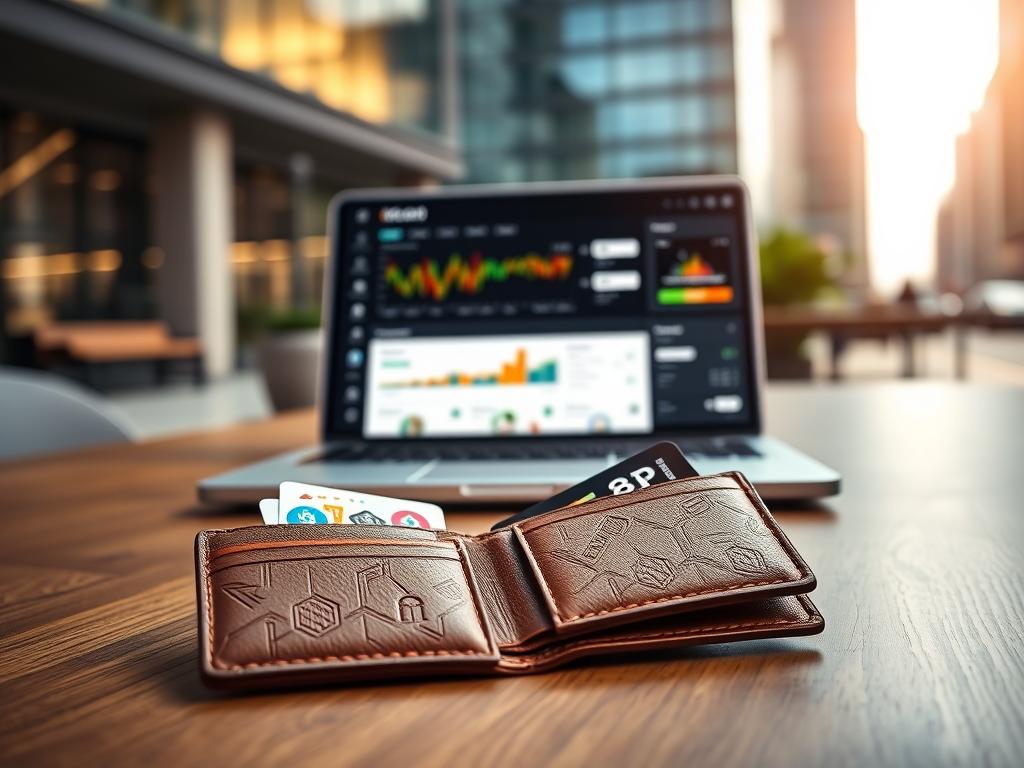 A modern wallet opened on a sleek wooden table, showcasing visible cryptocurrency cards and vibrant digital art images. In the foreground, the wallet is designed with a leather finish, embossed patterns, and bright colors representing different cryptocurrencies. The middle ground emphasizes a laptop screen displaying a digital wallet interface, with stylized graphs and security features highlighted in the design. The background features a soft-focus urban setting, suggesting a contemporary workspace bathed in natural light, creating an inviting atmosphere. The overall mood is professional and tech-savvy, ideal for conveying the theme of digital finance and security. Use warm lighting to enhance the inviting feel, with a focus on creating depth through a slight depth of field effect. A modern wallet opened on a sleek wooden table, showcasing visible cryptocurrency cards and vibrant digital art images. In the foreground, the wallet is designed with a leather finish, embossed patterns, and bright colors representing different cryptocurrencies. The middle ground emphasizes a laptop screen displaying a digital wallet interface, with stylized graphs and security features highlighted in the design. The background features a soft-focus urban setting, suggesting a contemporary workspace bathed in natural light, creating an inviting atmosphere. The overall mood is professional and tech-savvy, ideal for conveying the theme of digital finance and security. Use warm lighting to enhance the inviting feel, with a focus on creating depth through a slight depth of field effect.