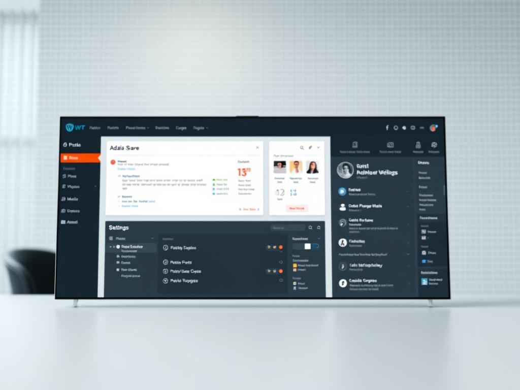 A modern, well-lit administrative dashboard for the WordPress content management system. The foreground features a sleek, intuitive user interface with clearly defined sections for posts, pages, media, and other key functions. The middle ground showcases customizable widgets and settings panels, allowing for personalized workflow optimization. In the background, a subtle grid pattern and muted color palette create a clean, professional atmosphere conducive to efficient website management. High-resolution, photorealistic rendering with a shallow depth of field, emphasizing the focus on the central dashboard interface.