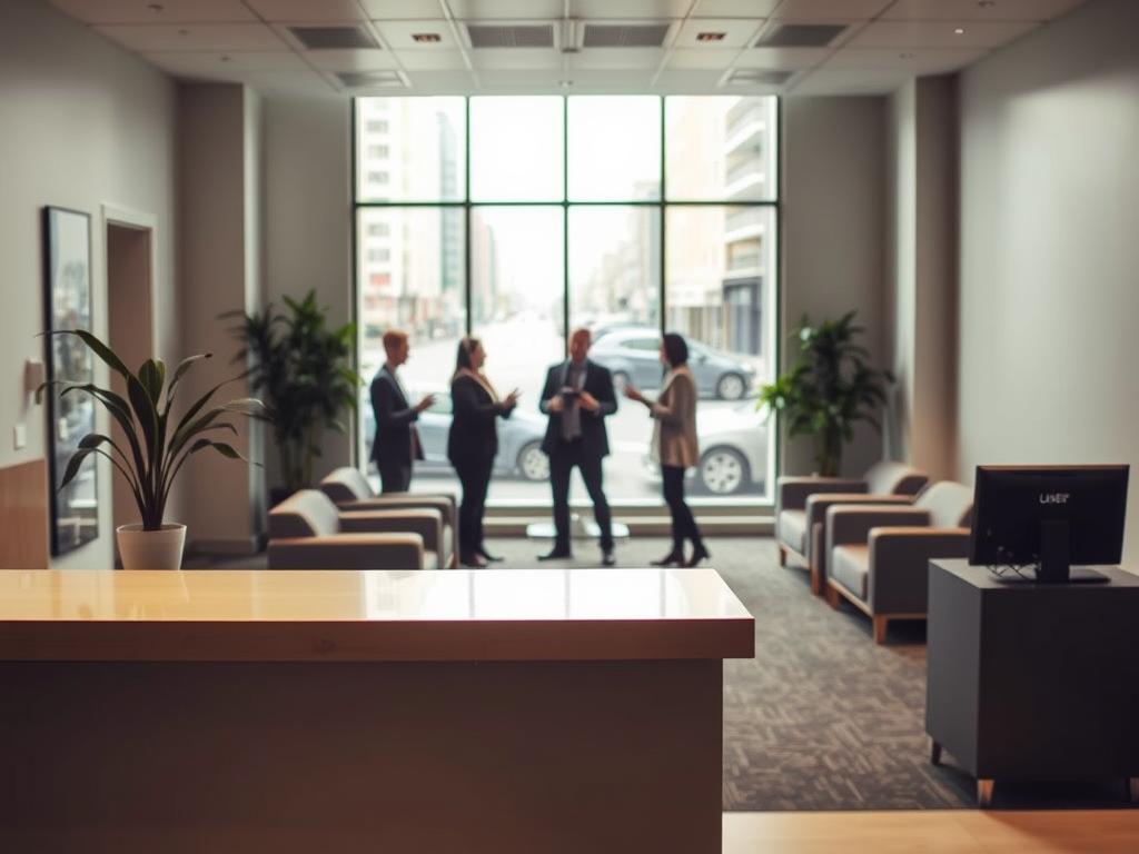 A modern, well-lit office interior with a receptionist's desk in the foreground. Behind the desk, a waiting area with comfortable chairs and a potted plant. In the middle ground, a group of people engaged in a discussion, gesturing animatedly. In the background, a large window overlooking a bustling city street. The overall mood is one of efficiency and professionalism, conveying the smooth workflow of the car rental process for Uber drivers.