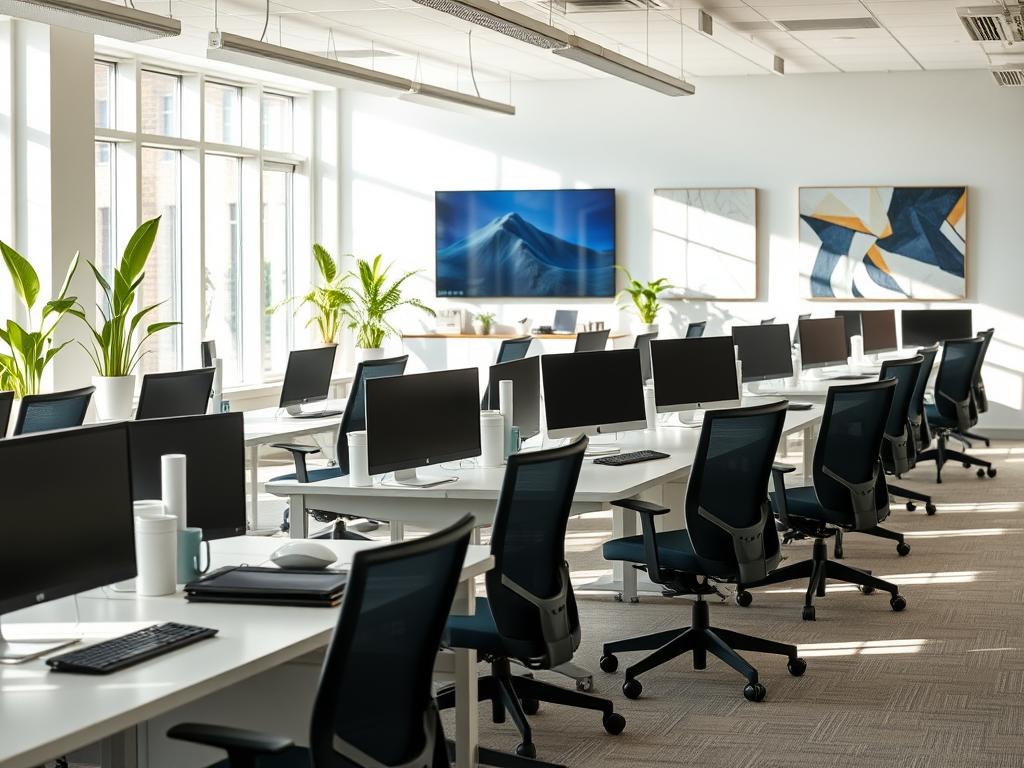 A modern, well-lit office interior with rows of desks and ergonomic office chairs. Sleek, minimalist furniture and fixtures in muted tones. Large windows allow natural light to flood the space, creating a bright, airy atmosphere. In the background, a wall-mounted display showcases productivity-enhancing technology. Potted plants and abstract artwork add pops of color and a touch of warmth. The overall aesthetic conveys a professional, efficient, and comfortable work environment that would benefit a company selling refurbished electronics.