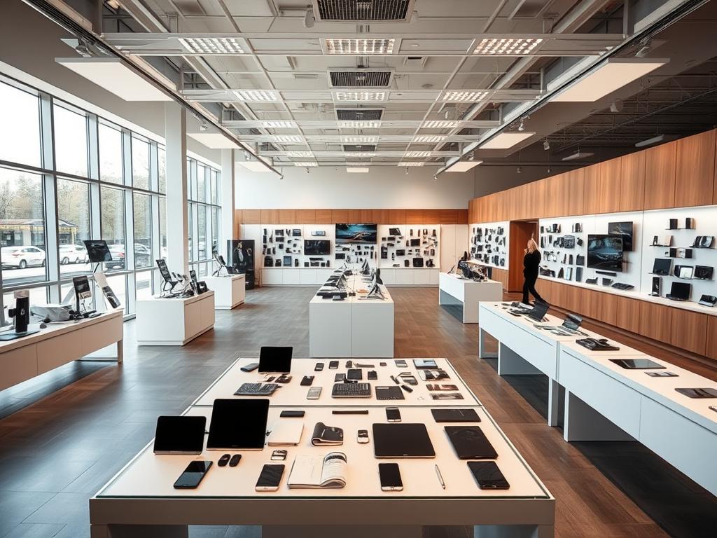 A modern, well-lit showroom displaying a diverse range of used electronic products, with sleek, minimalist displays and ample space for customers to browse. The foreground features a central display table showcasing a selection of smartphones, laptops, and tablets, while the middle ground features rows of shelves displaying various electronics. The background showcases large, floor-to-ceiling windows, allowing natural light to flood the space and create a bright, airy atmosphere. The lighting is soft and evenly distributed, creating a warm, inviting ambiance. The overall scene conveys a sense of professionalism, quality, and a commitment to providing a positive shopping experience for used electronics buyers and sellers.