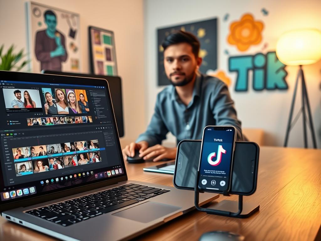 A modern workspace featuring a well-organized desktop setup for video editing tailored for TikTok. In the foreground, a sleek laptop with video editing software open, displaying colorful clips and a timeline. Next to it, a smartphone is propped up on a stand, showcasing the TikTok app interface. In the middle ground, a person in professional casual attire is focused on editing, with a thoughtful expression, using a mouse. The background features an inspiring wall decorated with vibrant TikTok themed art and a soft, ambient light illuminating the scene. The atmosphere is creative and energetic, evoking the excitement of producing compelling video content. Use natural lighting to highlight the workspace and create a warm, inviting feel.