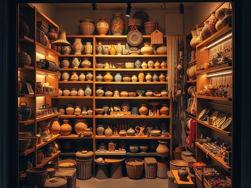 A neatly organized Etsy store storefront, bathed in warm, golden lighting that highlights the handcrafted artisanal products on display. The shelves are adorned with a diverse array of vibrant, textured crafts - colorful ceramics, intricate weavings, and delicate jewelry. The overall atmosphere conveys a sense of artistry, creativity, and attention to detail, inviting the viewer to explore the carefully curated selection. The layout is clean, uncluttered, and visually appealing, reflecting the store owner's dedication to presenting their wares in the best possible light.
