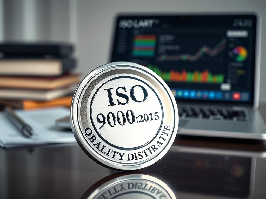 A polished steel ISO 9001:2015 certification badge, gleaming under crisp studio lighting, rests atop a clean, organized desk. In the background, blurred but legible, are legal documents and a laptop displaying a professional quality assurance dashboard. The composition conveys a sense of rigor, expertise, and meticulous attention to detail - the hallmarks of a certified, high-quality translation process. The overall mood is one of confidence, reliability, and institutional credibility.