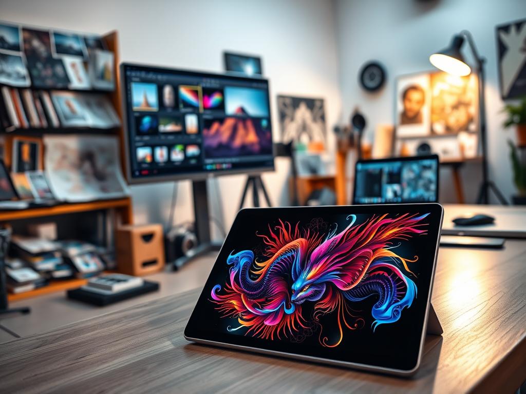 A professional and visually appealing workspace for digital artists focusing on NFT creation. In the foreground, a sleek digital tablet displays an intricate digital artwork, showcasing vibrant colors and innovative designs. To the left, an organized collection of various formats, such as JPEG, PNG, and GIF files, displayed on a modern computer monitor. In the middle background, a well-lit studio filled with art supplies, showcasing a digital canvas, camera equipment, and a laptop with editing software open. Soft, diffused lighting enhances the creative atmosphere, casting a warm glow over the workspace. The mood is inspiring and focused, highlighting the importance of quality and availability in digital art formats. The angle captures a slight overhead view, emphasizing the organized chaos of a digital artist's environment. A professional and visually appealing workspace for digital artists focusing on NFT creation. In the foreground, a sleek digital tablet displays an intricate digital artwork, showcasing vibrant colors and innovative designs. To the left, an organized collection of various formats, such as JPEG, PNG, and GIF files, displayed on a modern computer monitor. In the middle background, a well-lit studio filled with art supplies, showcasing a digital canvas, camera equipment, and a laptop with editing software open. Soft, diffused lighting enhances the creative atmosphere, casting a warm glow over the workspace. The mood is inspiring and focused, highlighting the importance of quality and availability in digital art formats. The angle captures a slight overhead view, emphasizing the organized chaos of a digital artist's environment.