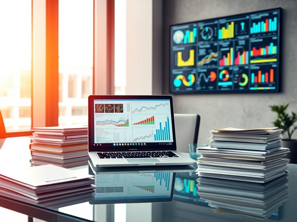A professional business office, flooded with warm, diffuse lighting from large windows. On a sleek, glass-topped desk, a laptop displays intricate data visualizations. Nearby, stacks of neatly organized documents and folders convey a sense of diligent record-keeping. In the background, a wall-mounted display showcases a series of colorful charts and graphs, representing the complex analytics involved in "sorteo datos" - the surveying and processing of data to uncover insights. The overall atmosphere is one of thoughtful analysis, attention to detail, and a commitment to data-driven decision making.