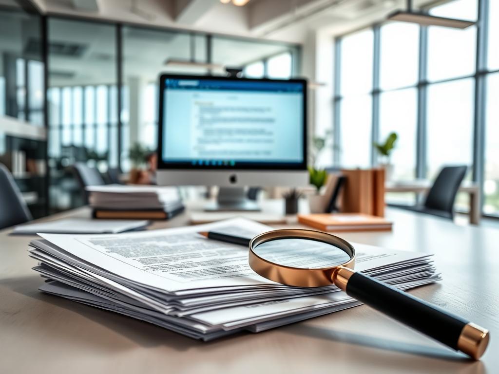 A professional legal document translation service in progress. In the foreground, a stack of documents, a pen, and a magnifying glass, conveying the attention to detail required. In the middle ground, a computer screen displaying a translation interface, surrounded by reference materials and office supplies. The background features a clean, modern office setting with abundant natural lighting through large windows, creating a calm and focused atmosphere. The overall scene exudes a sense of diligence, expertise, and a well-oiled workflow for translating legal documents with precision and care.