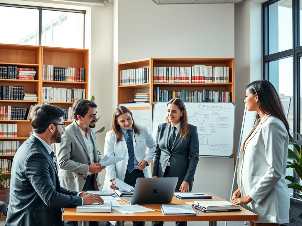 A professional setting depicting a team of bilingual medical translators in a well-lit office environment. In the foreground, a diverse group of two men and two women of varying ethnicities, dressed in smart business attire, are engaged in discussion around a table filled with medical documents and a laptop. In the middle ground, large bookshelves lined with medical dictionaries and reference materials add depth, while a whiteboard displays diagrams related to translation processes. The background features large windows with natural light streaming in, creating an atmosphere of productivity and focus. The overall mood conveys professionalism and collaboration in achieving high-quality medical translations.
