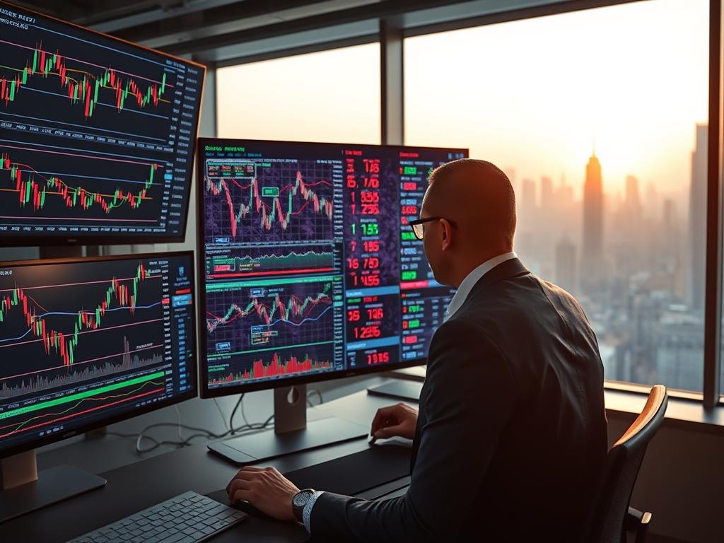 A professional trading environment depicting "order flow" analysis in forex trading. In the foreground, a focused trader, wearing business attire, analyzes multiple interconnected digital charts on sleek monitors showing candlestick patterns, volume spikes, and technical indicators. The middle ground features a large screen displaying a complex, colorful flow of order data, with highlighted buy and sell signals, illustrating market dynamics. In the background, an impressive city skyline is visible through large windows, bathed in soft, dawn light to evoke a sense of opportunity. The overall mood is of concentration and professionalism, capturing the essence of analytical rigor in forex markets. The perspective is slightly angled to emphasize depth and realism, with rich colors enhancing the vibrancy of the digital display.